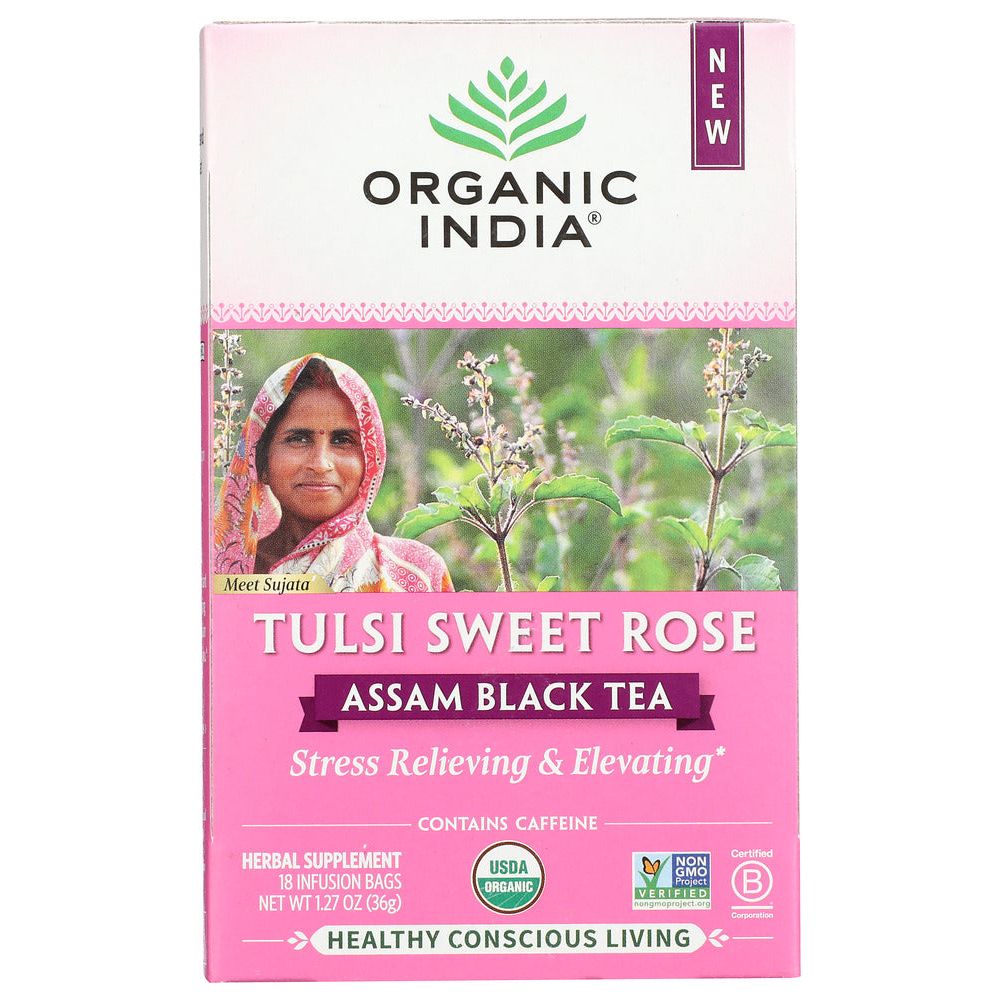 ORGANIC INDIA: Tea Blk Asm Tlsi Swt Rse, 18 bg