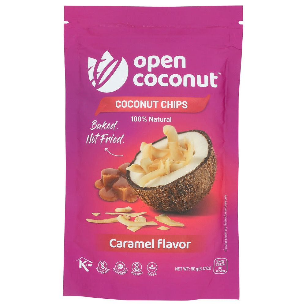 OPEN COCONUT: Coconut Chips Caramel Flavor, 90 gm