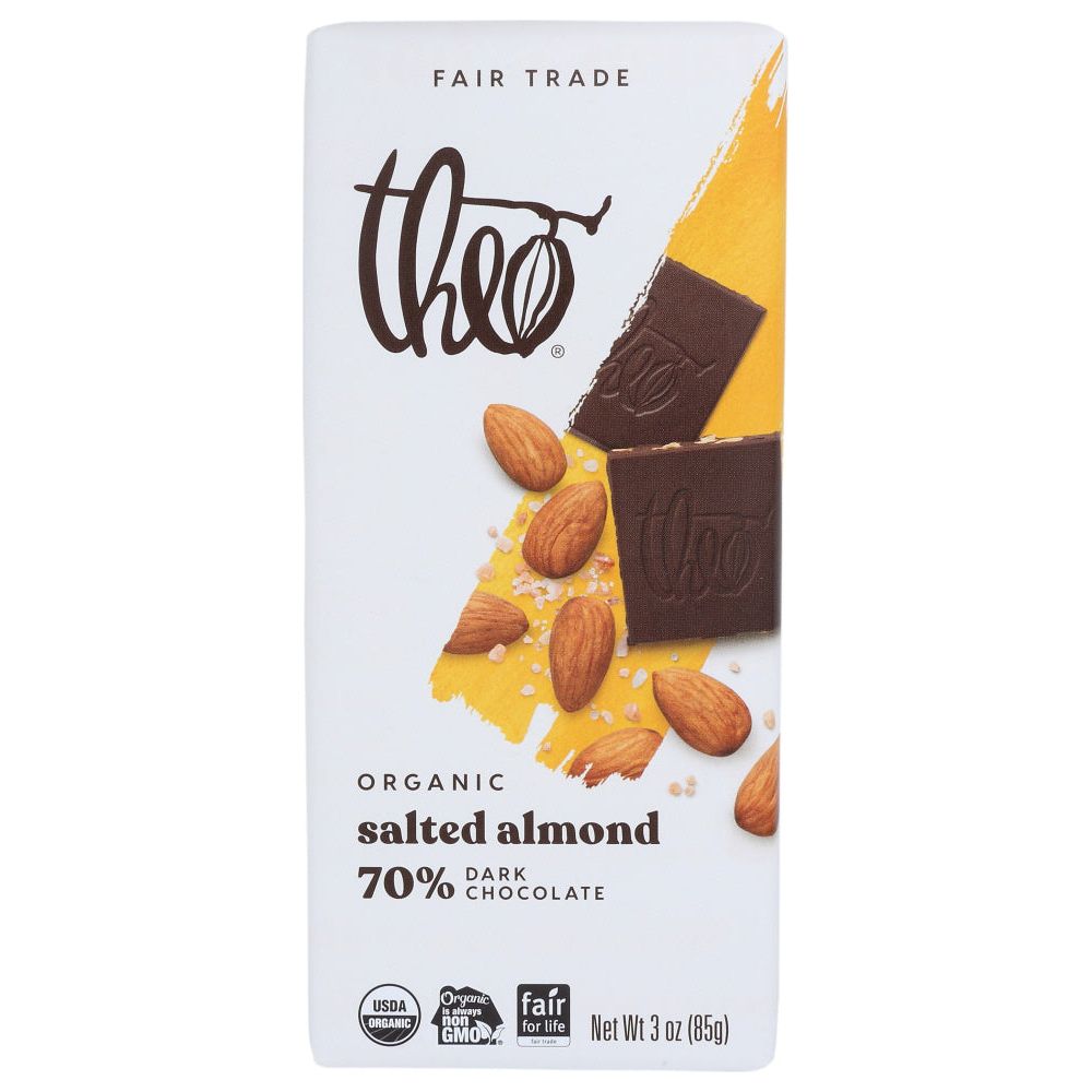 Theo Chocolate Organic Dark Chocolate Bar Salted Almond, 3 oz