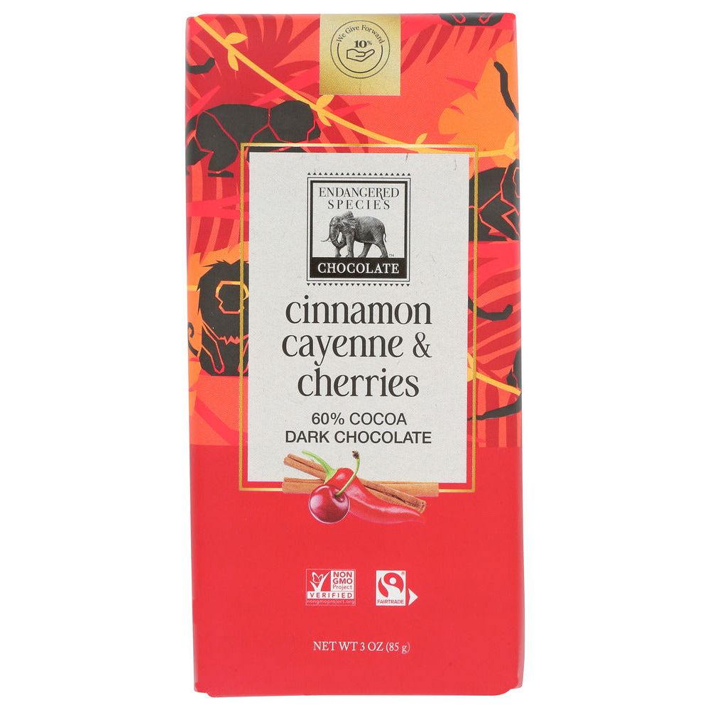 ENDANGERED SPECIES: Chocolate Natural 60% Dark Chocolate Bar Cinnamon Cayenne & Cherries, 3 Oz - #tag1# - #tag2#