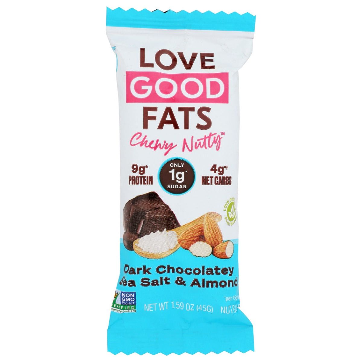 LOVE GOOD FATS: Chewy Nutty Dark Chocolatey Sea Salt and Almond Keto Bar, 1.59 oz - #tag1# - #tag2#
