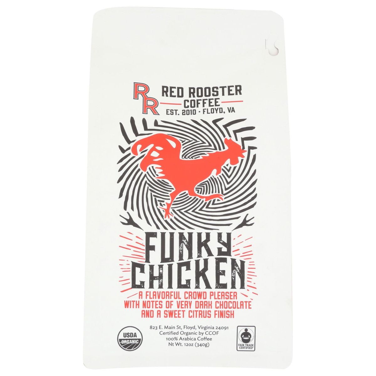 RED ROOSTER COFFEE: Organic Funky Chicken Whole Bean Coffee, 12 oz