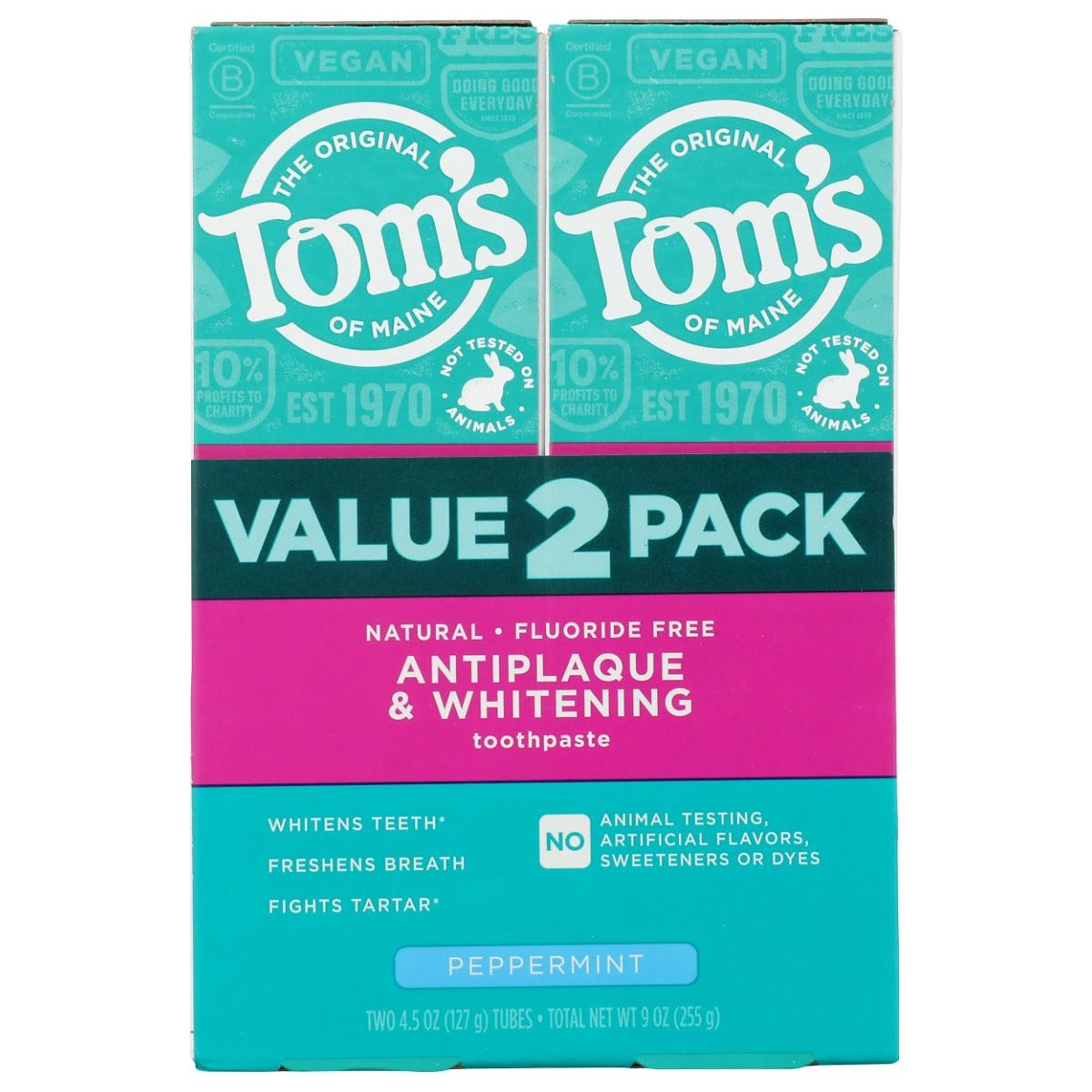 TOMS OF MAINE: Fluoride Free Antiplaque and Whitening Toothpaste Peppermint 2Pk, 9 oz