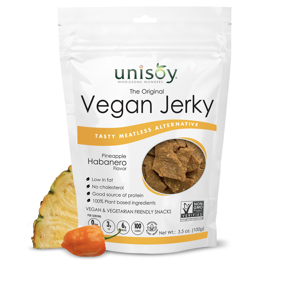 UNISOY: Jerky Vegan Pnappl Hbnro, 3.5 oz