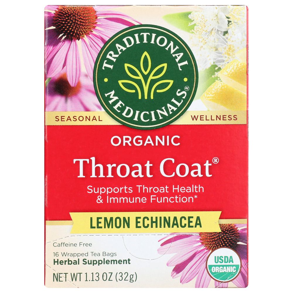 TRADITIONAL MEDICINALS: Organic Throat Coat Lemon Echinacea Herbal Tea 16 Tea Bags, 1.13 oz