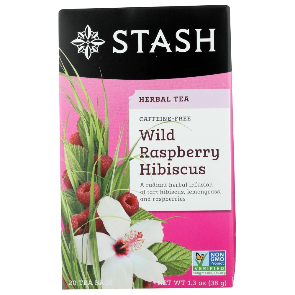 STASH TEA: Herbal Tea Wild Raspberry Hibiscus Caffeine Free 20 Tea Bags, 1.3 Oz