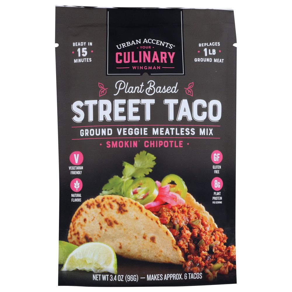 URBAN ACCENTS: Smokin Chipotle Plant Based Street Taco Ground Veggie Meatless Mix, 3.4 oz