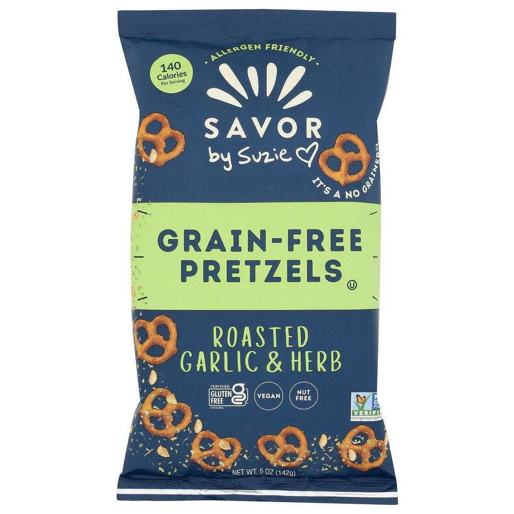 SAVOR BY SUZIE: Grain Free Pretzels Roasted Garlic Herb, 5 oz