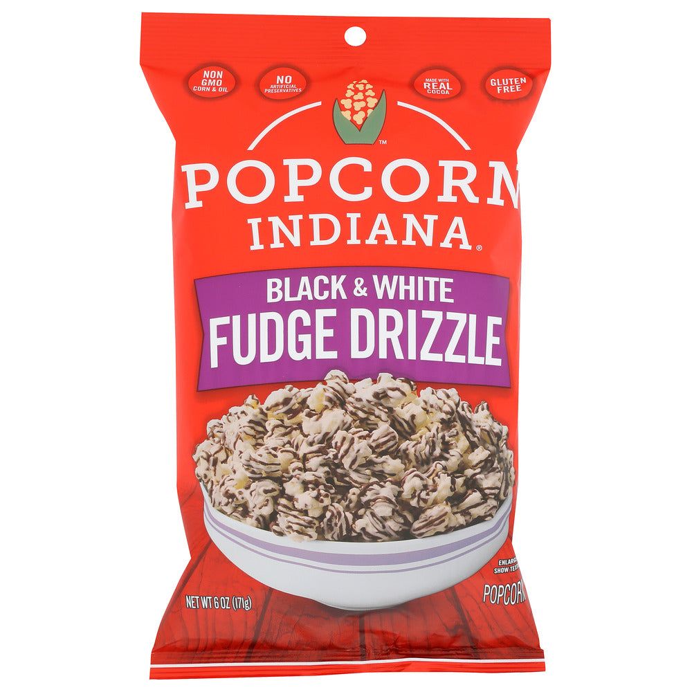POPCORN INDIANA: Black & White Fudge Drizzle Popcorn, 6 oz