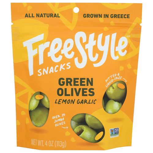 FREESTYLE SNACKS: Olives Grn Lemon Garlic, 4 OZ - #tag1# - #tag2#