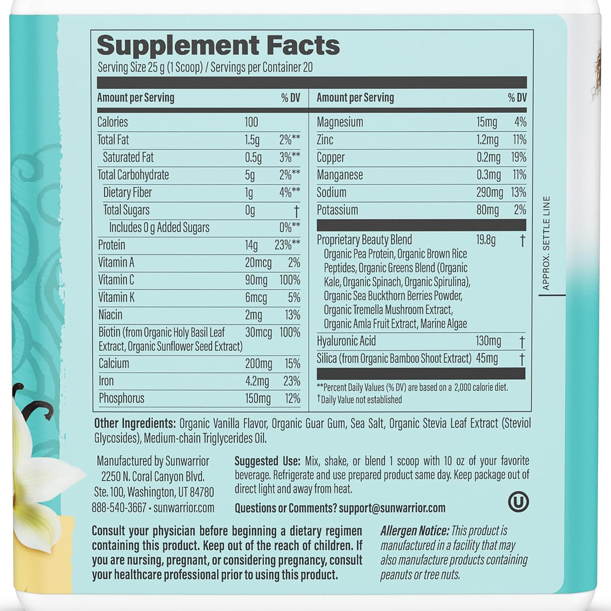 Sunwarrior Collagen Building Powder Protein Peptide Tahitian Vanilla 1.1 lb