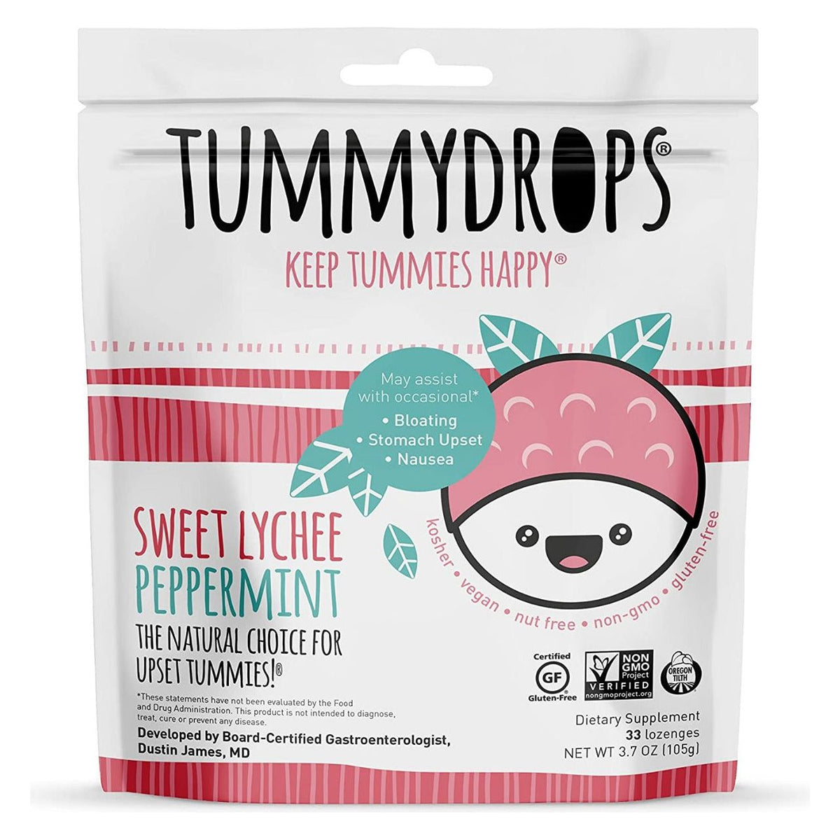 TUMMYDROPS: Sweet Lychee Peppemint Lozenges Bag, 33 pc