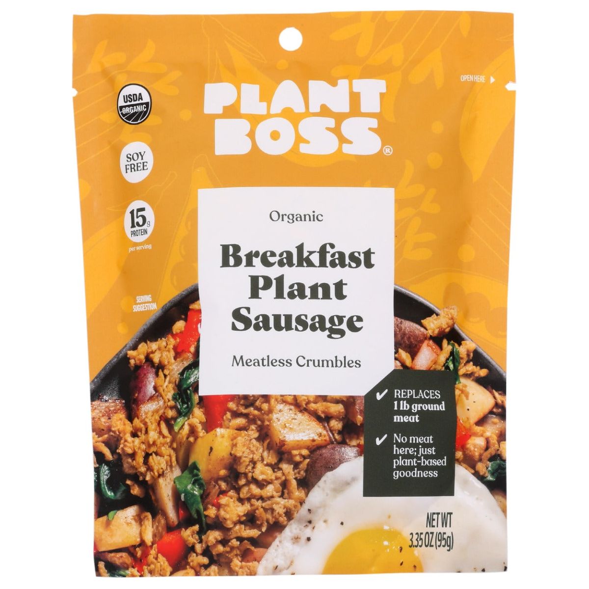 PLANT BOSS: Organic Breakfast Plant Sausage Meatless Crumbles, 3.35 oz