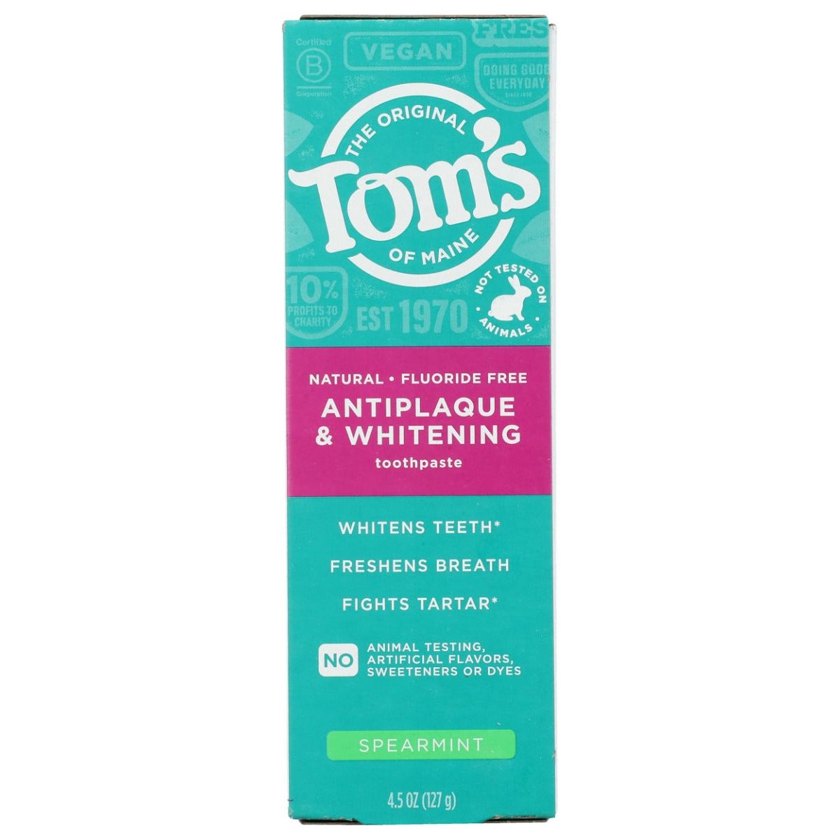 TOMS OF MAINE: Fluoride Free Antiplaque and Whitening Toothpaste Spearmint, 4.5 oz
