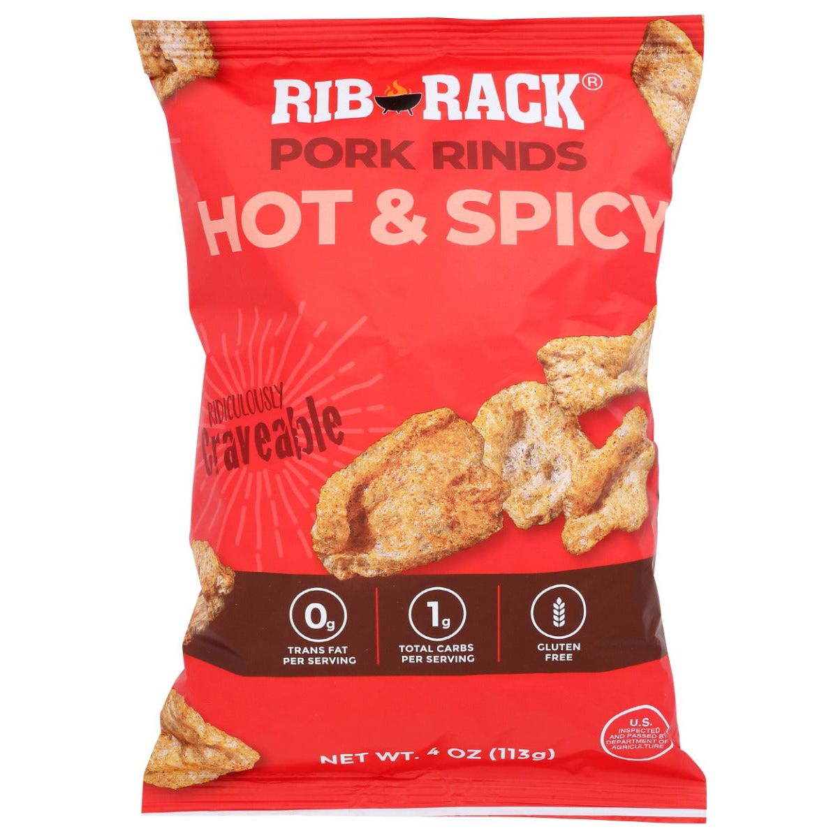 RIB RACK: Hot and Spicy Pork Rinds, 4 oz