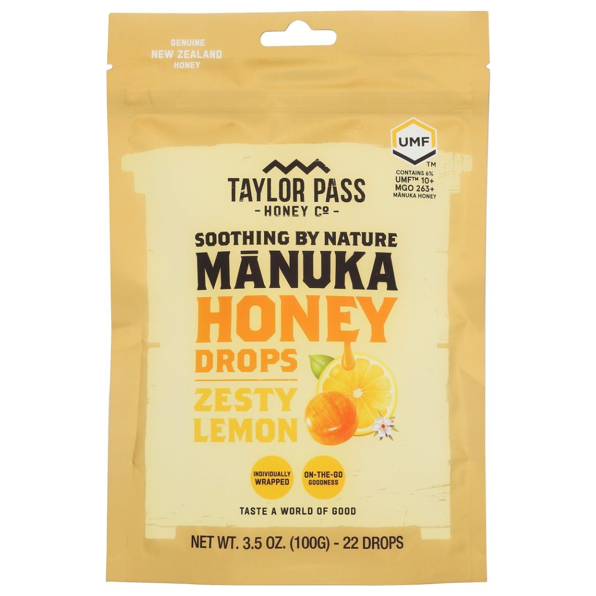 TAYLOR PASS HONEY: Manuka Honey Drops Zesty Lemon, 3.52 oz